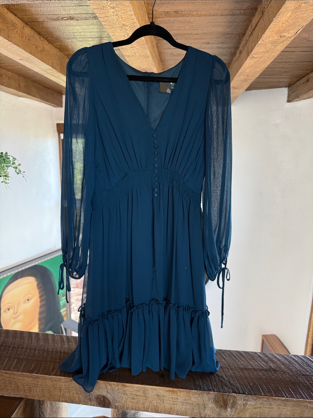 Taylor Teal Long Sleeve V-Neck Ruffled Midi Dress